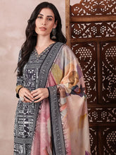 Women Black Silk Blend Geometric Printed Straight Kurta Trouser With Dupatta-PKSKD2542BLK